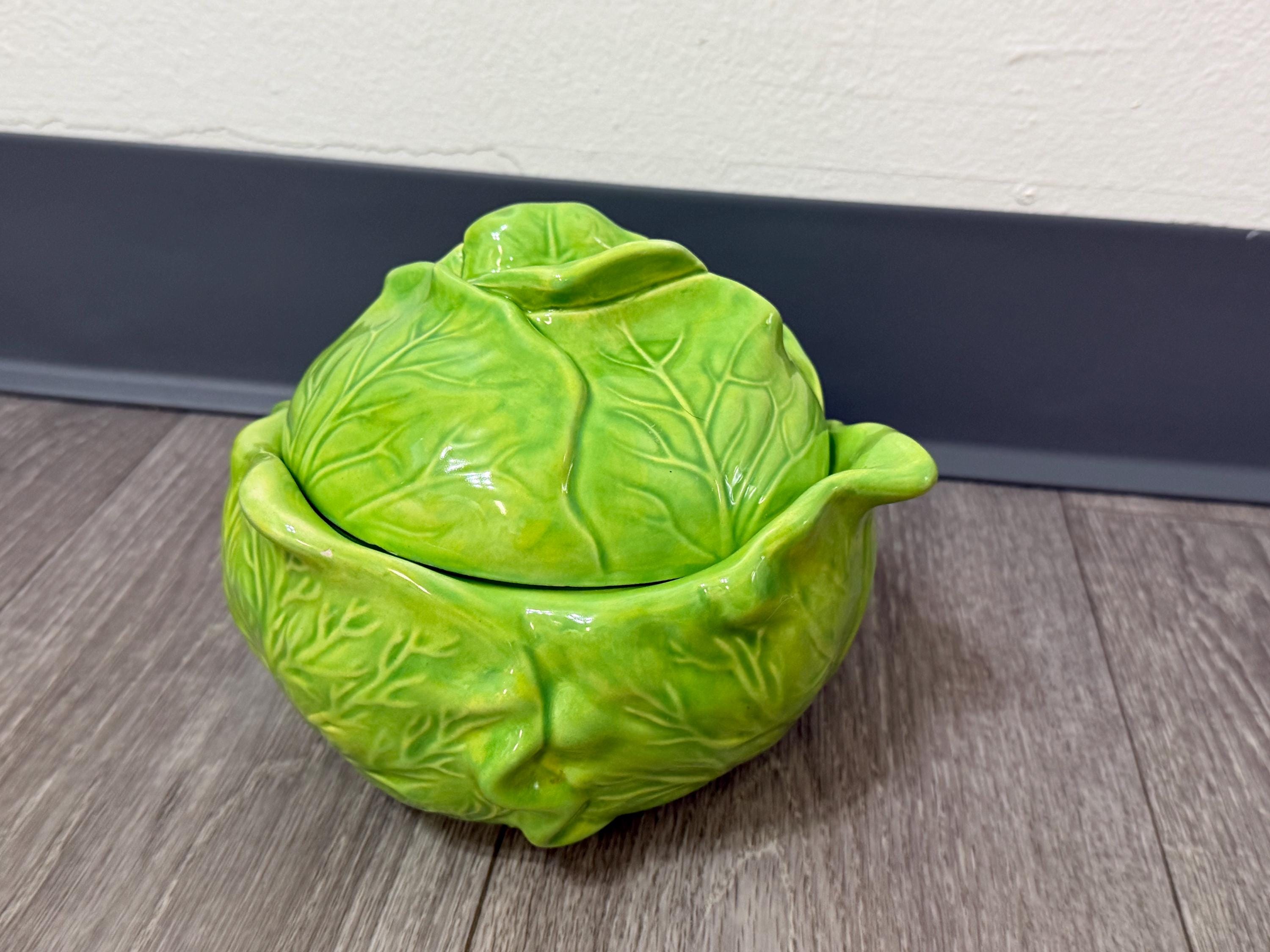 Vintage Holland Mold “Bake & Serve Cabbage Tureen with Lid  Green Ceramic Vegetable Server (Chipped)