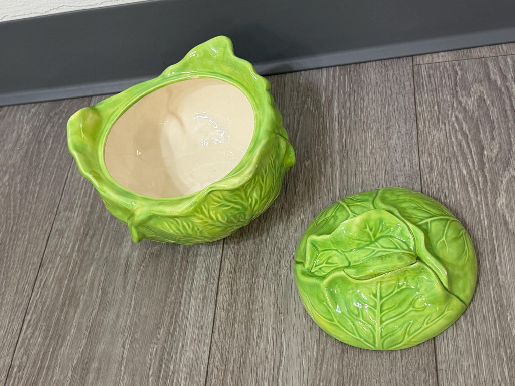 Vintage Holland Mold “Bake & Serve Cabbage Tureen with Lid  Green Ceramic Vegetable Server (Chipped)