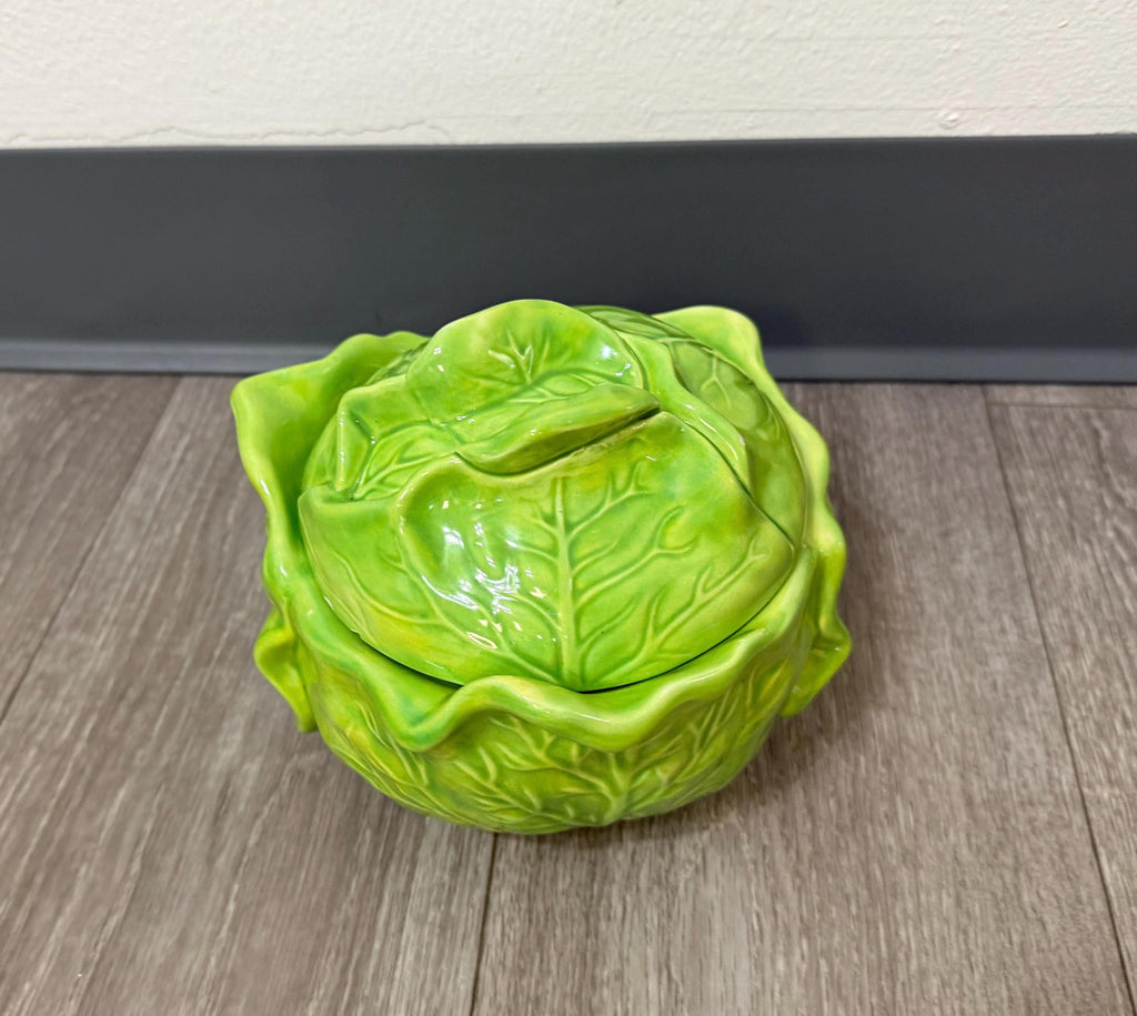 Vintage Holland Mold “Bake & Serve Cabbage Tureen with Lid  Green Ceramic Vegetable Server (Chipped)