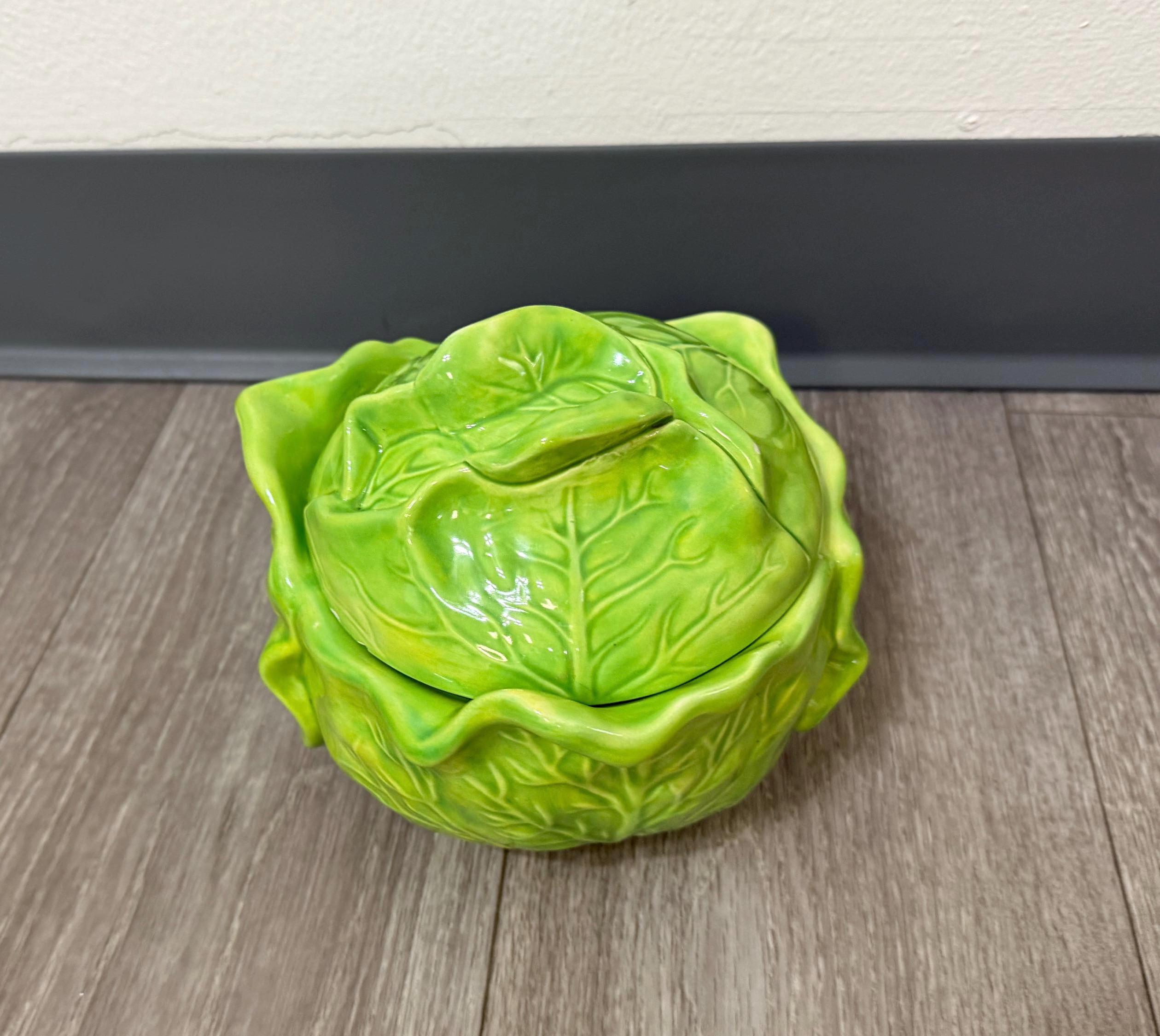 Vintage Holland Mold “Bake & Serve Cabbage Tureen with Lid  Green Ceramic Vegetable Server (Chipped)