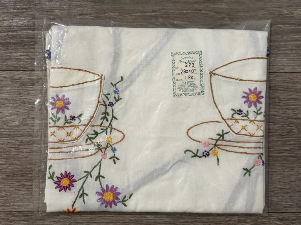Vintage Handmade Embroidered Teacup Tea Time Apron