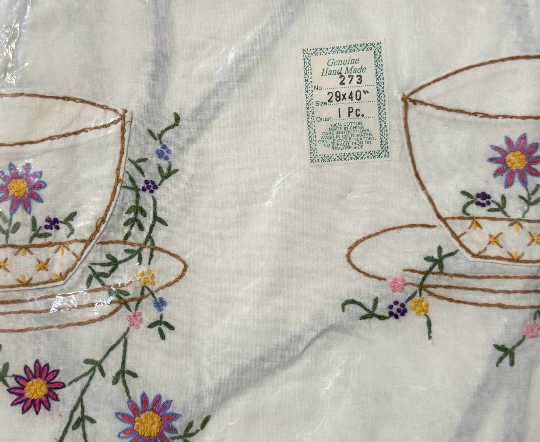 Vintage Handmade Embroidered Teacup Tea Time Apron