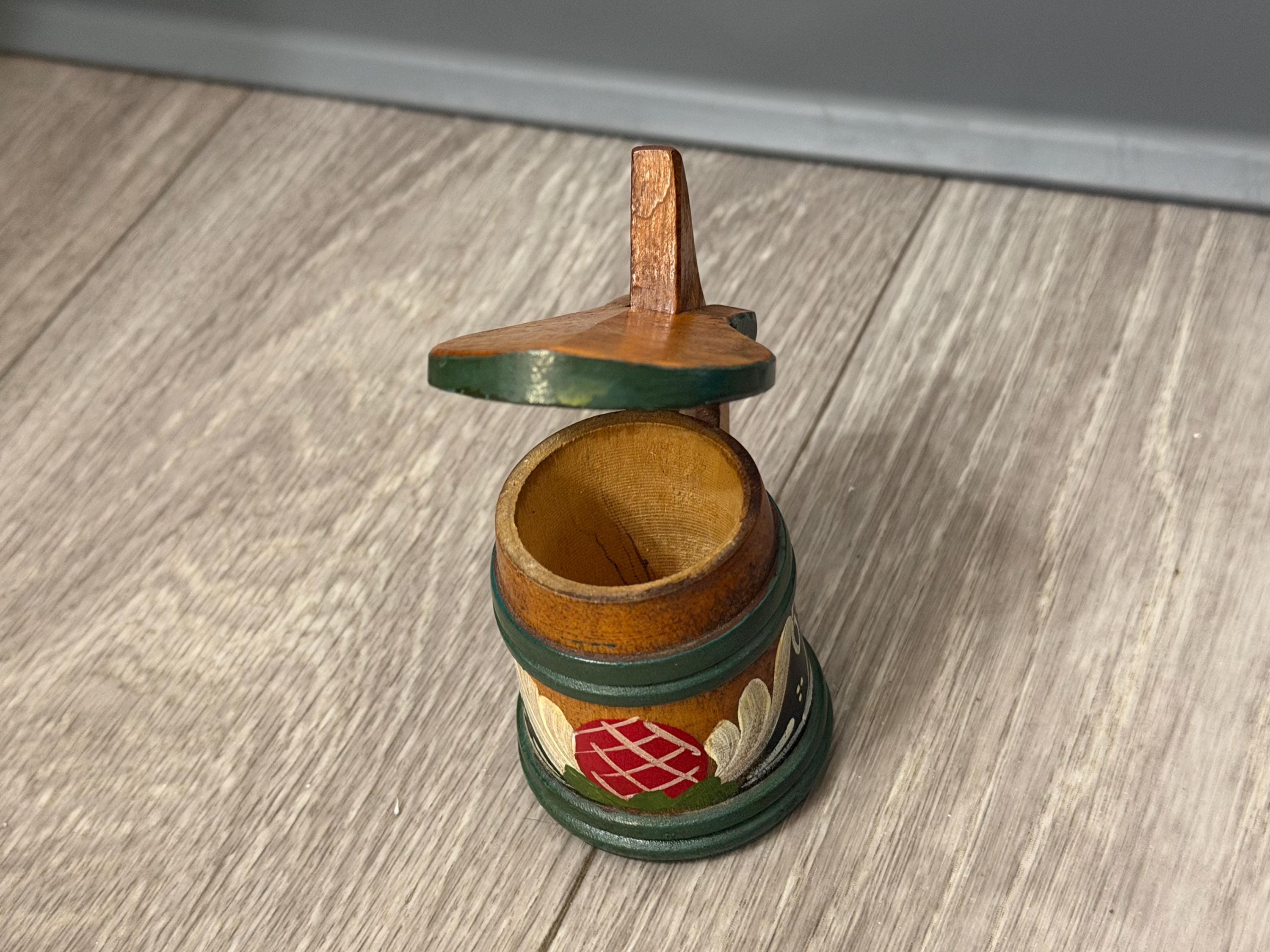 Vintage Swedish Handpainted Wooden Stein Mug with Lid