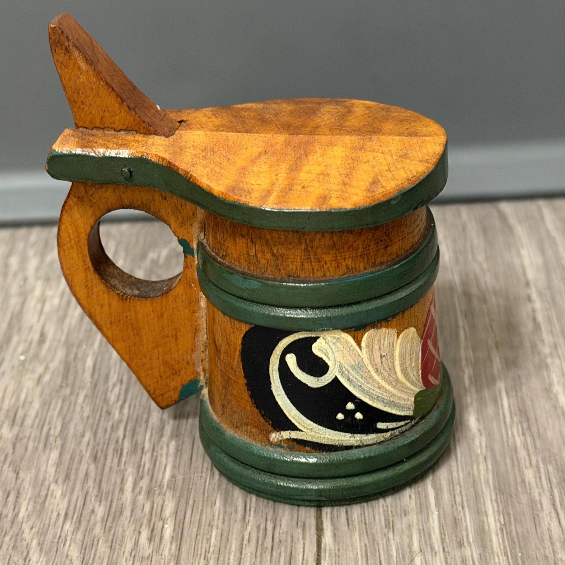 Vintage Swedish Handpainted Wooden Stein Mug with Lid