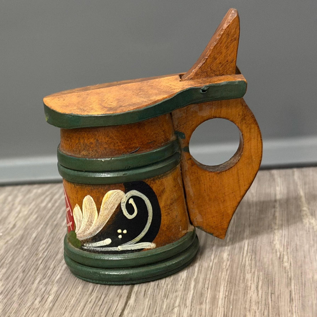 Vintage Swedish Handpainted Wooden Stein Mug with Lid