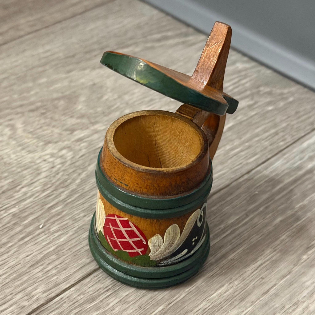 Vintage Swedish Handpainted Wooden Stein Mug with Lid